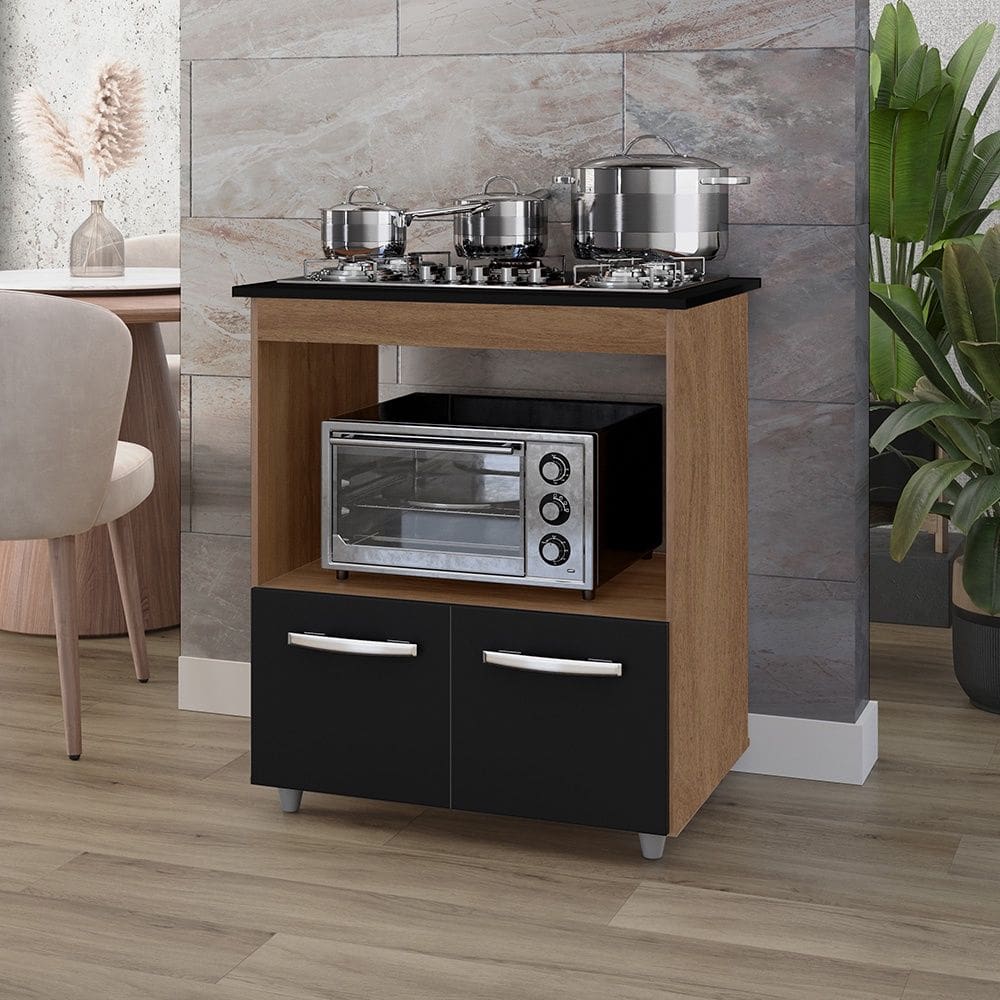 Balcão Gabinete de Cozinha Para Fogão Cooktop e Forno Micro-ondas Elisa Savana Preto Moblis