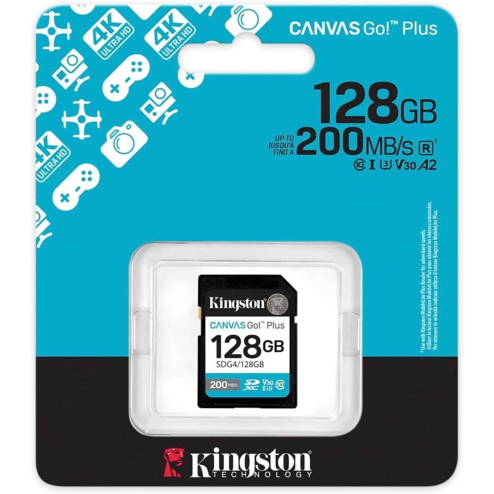 Cartão SD 128GB Kingston Canvas Go Plus para gravação de vídeo 4K UHD e modo fotográfico burst na sua DSLR, Leitura até 200MB/s, SDG4/128GB