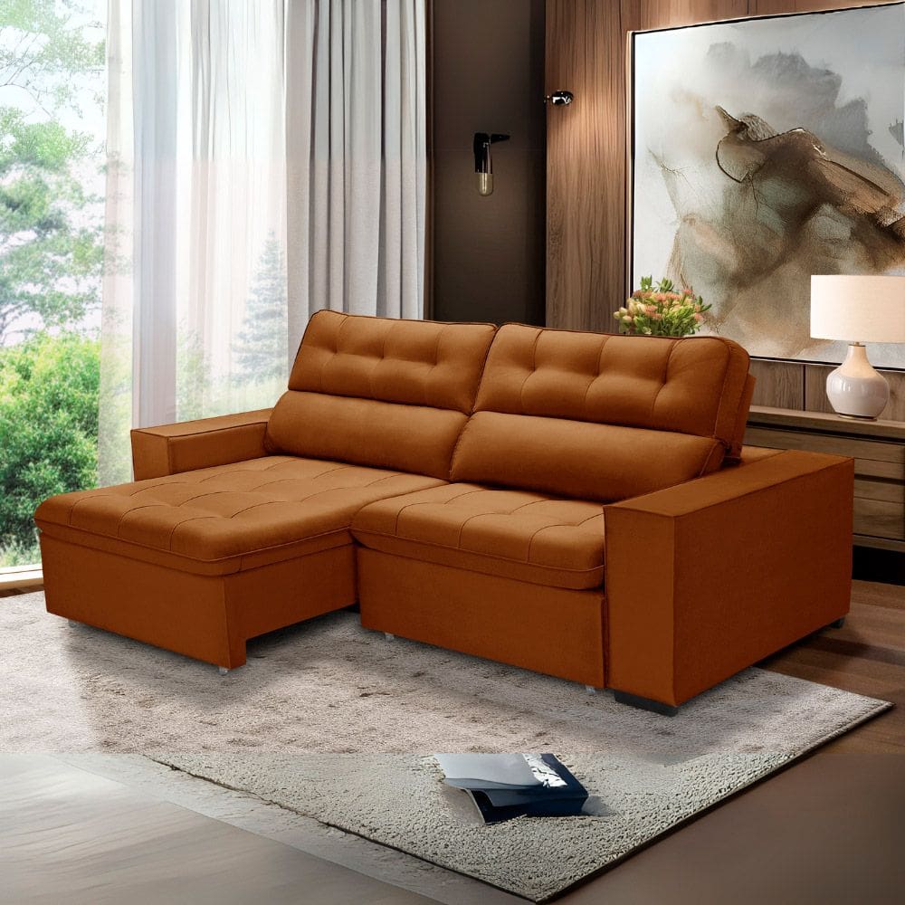 Sofa Retratil Reclinavel 2 Lugares 2,40 Vitória Veludo Terracota LansofBr