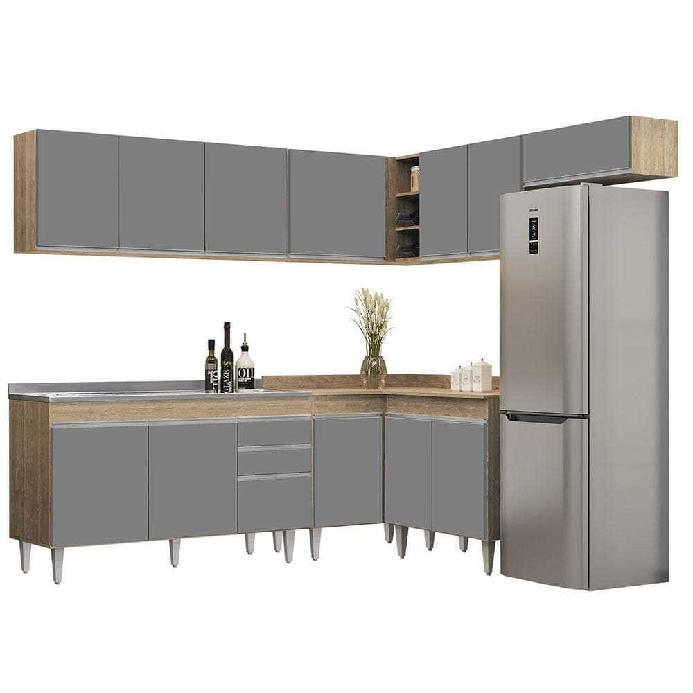 Armário De Cozinha Modulado De Canto 7 Peças Cp24 Com Pia Inox Castanho-cinza