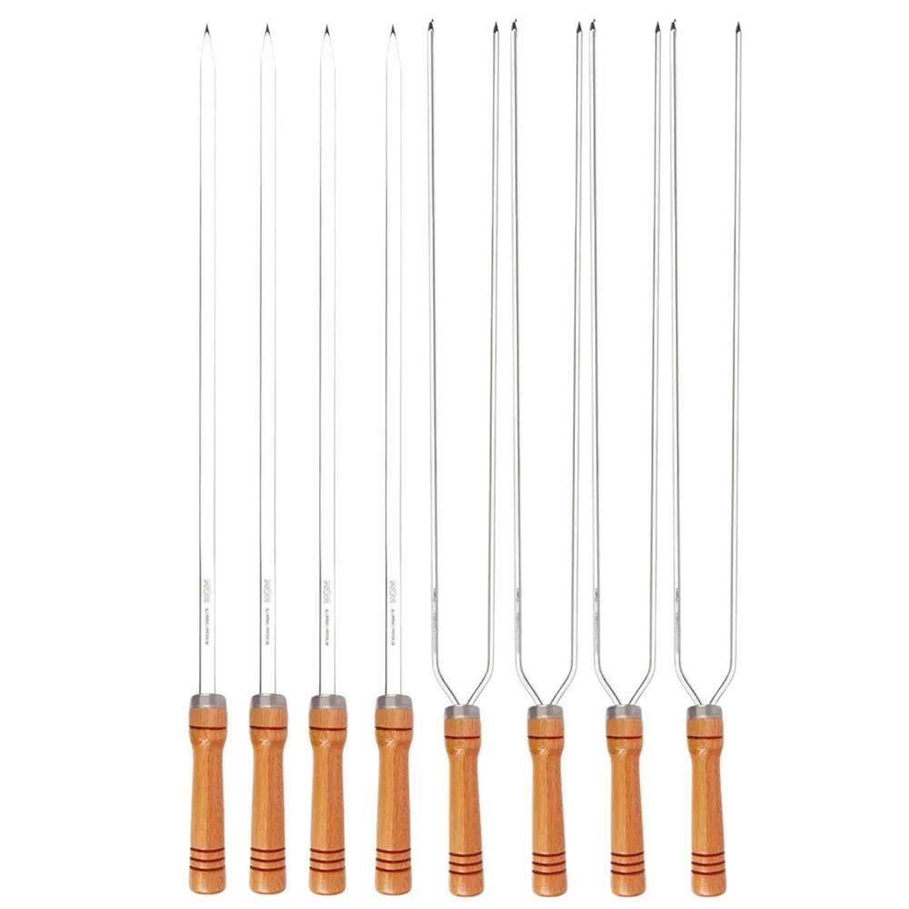 Kit 8 Espetos 75Cm Preparo Churrasco Cabo Madeira Aço Mor