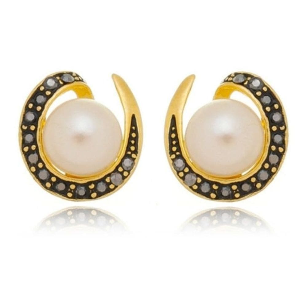 Brinco Pedra Hematita E Pérola Folheado A Ouro 18K Festa