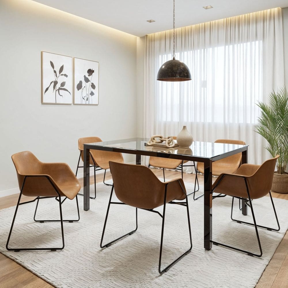 Conjunto Mesa de Jantar Retangular 160cm X 75cm Tampo de Vidro com 6 Cadeiras Smart Preto/Pinus