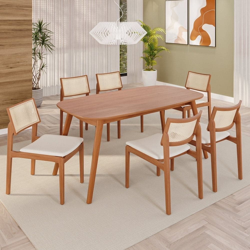 Sala de Jantar Mesa 160x76cm Tampo Laminado com 6 Cadeiras em Linho Ceci Yescasa Naturalíssimo