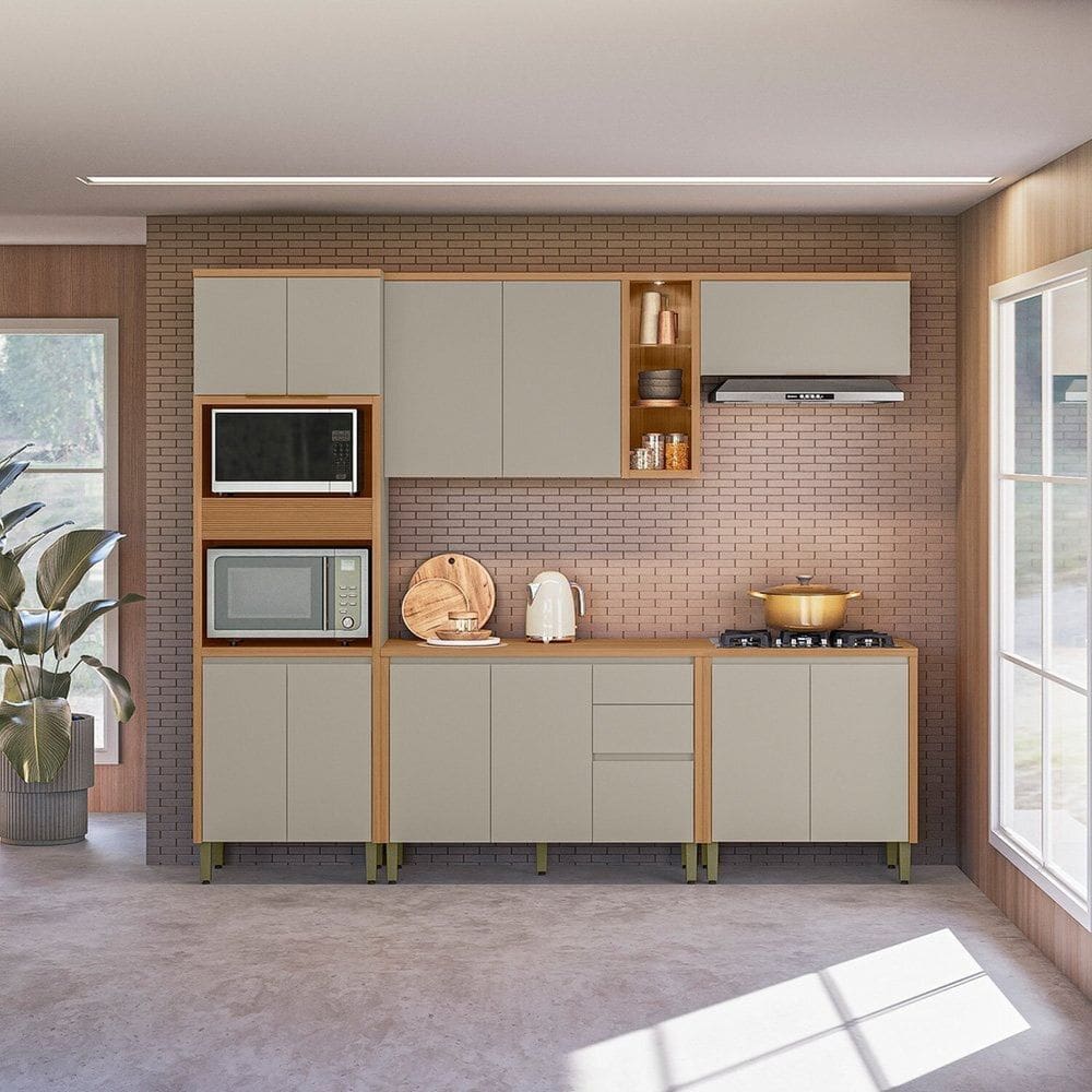 Cozinha Completa 5 Peças com Torre Quente e Aéreo Simples Allure Jequitibá/Gris Fosco
