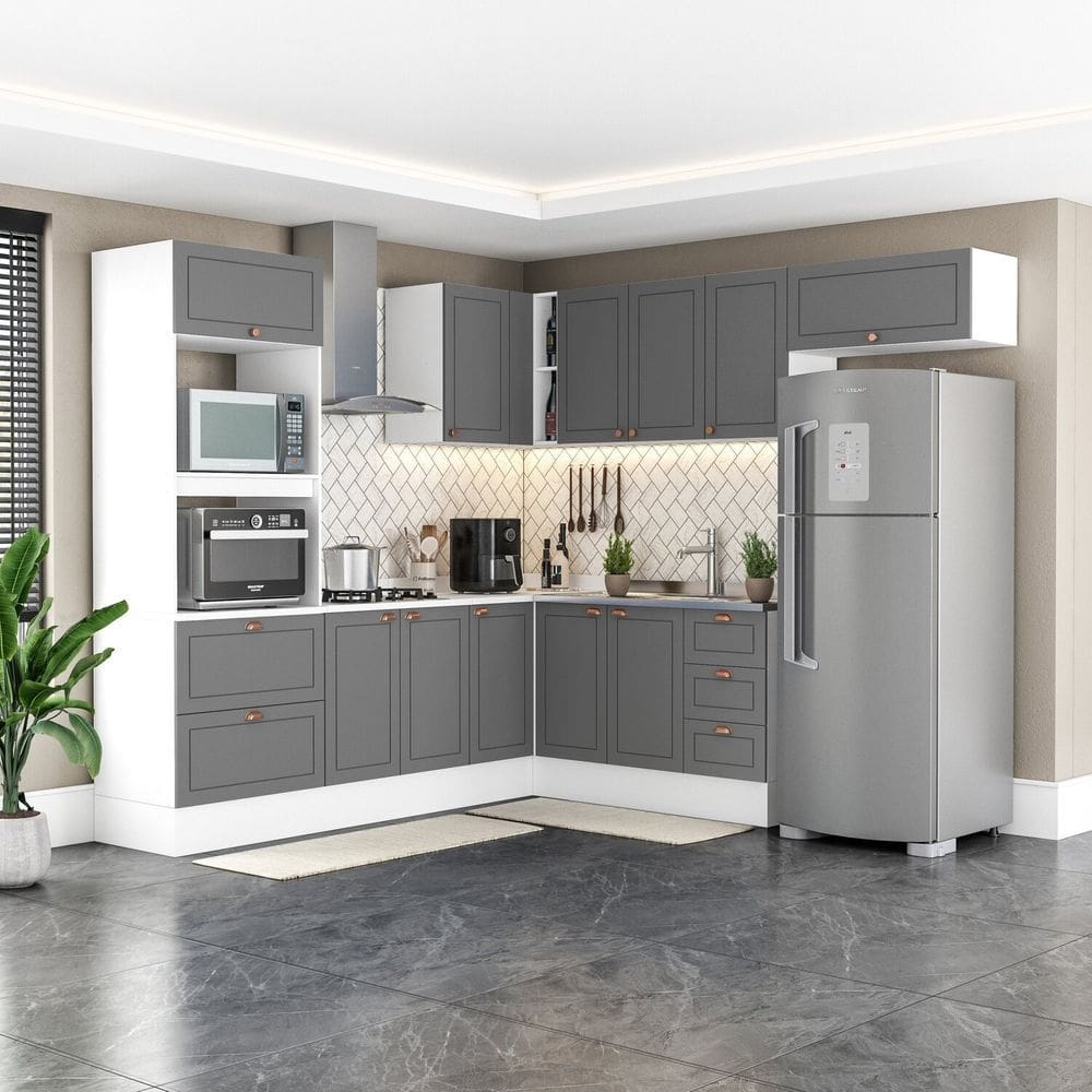 Cozinha Completa 8 Peças com Rodapé Pérola Yescasa Cinza/Branco