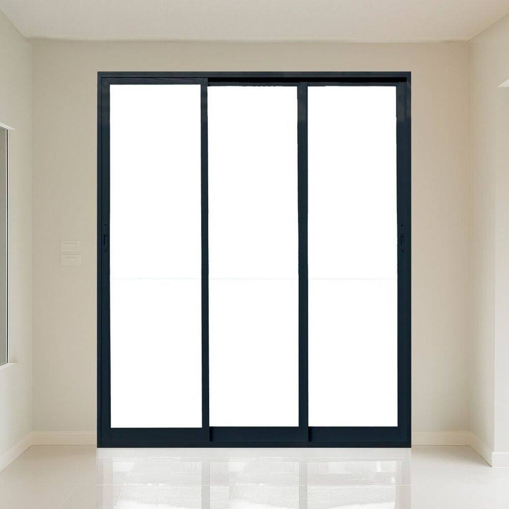 Porta Correr 3 Folhas 150cm X 215cm Vidro Temperado 6cm Fábrica do Alumínio Preto