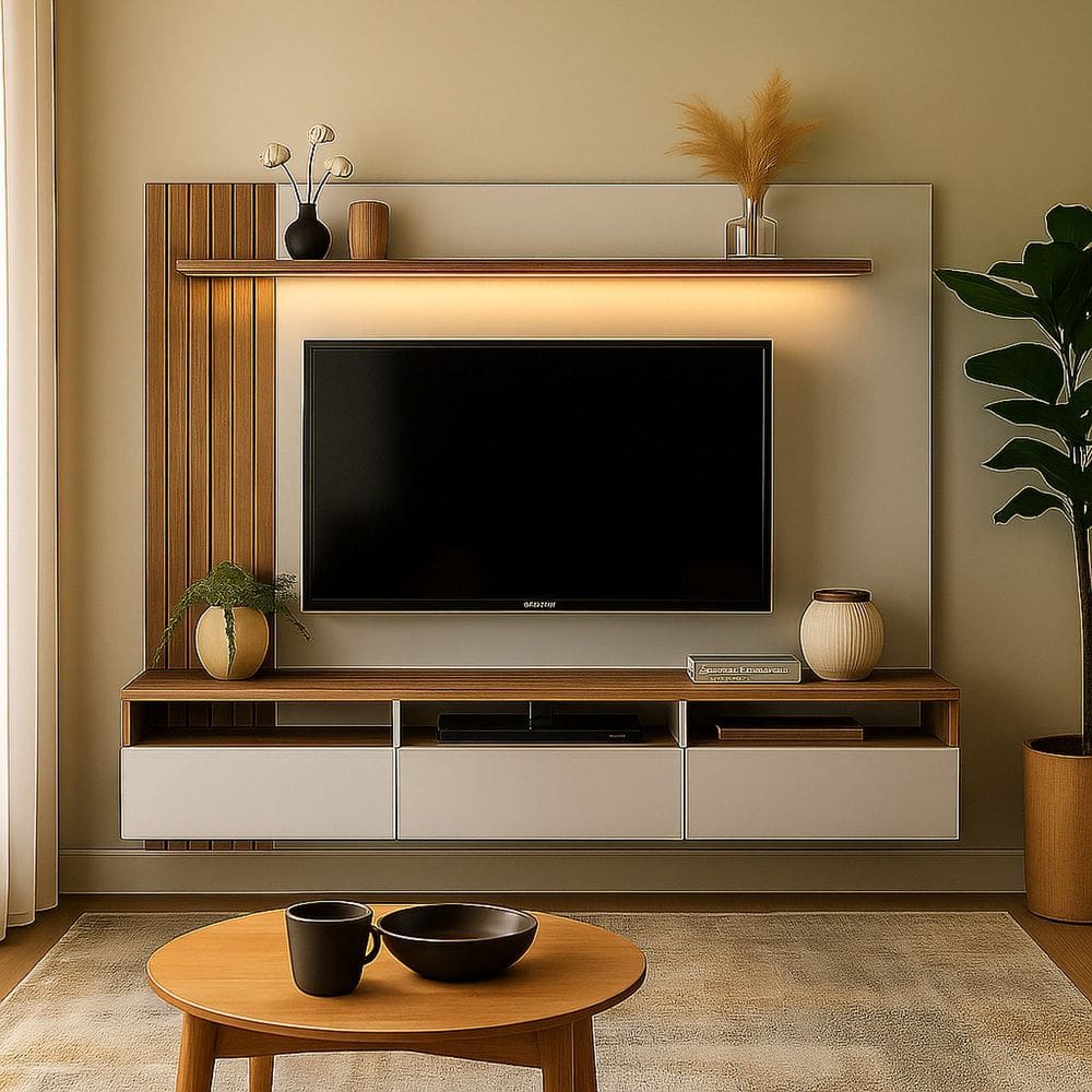 Painel para Tv 75 Polegadas com Led Ripado 3 Gavetas e Nichos Solanum/Branco