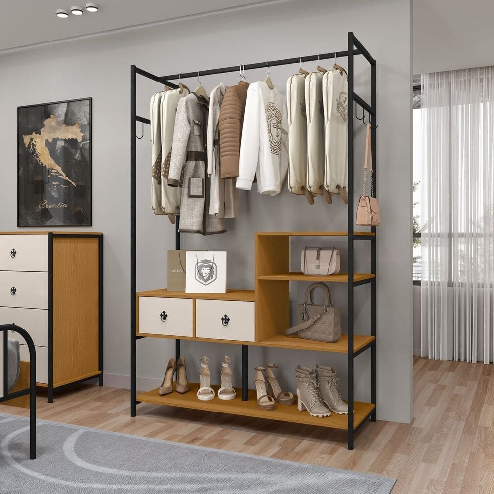 Modulo Closet Tubular 120cm X 186cm Sevilha Preto/Marrom/Off White