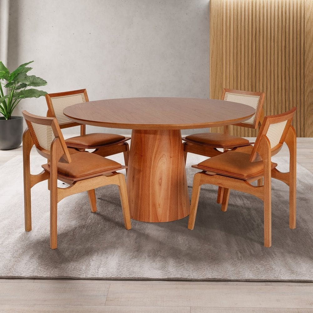 Conjunto Mesa com 4 Cadeiras de Madeira Maciça Rattan Natural e Estofada Daren Espresso Móveis imbuia/Conhaque