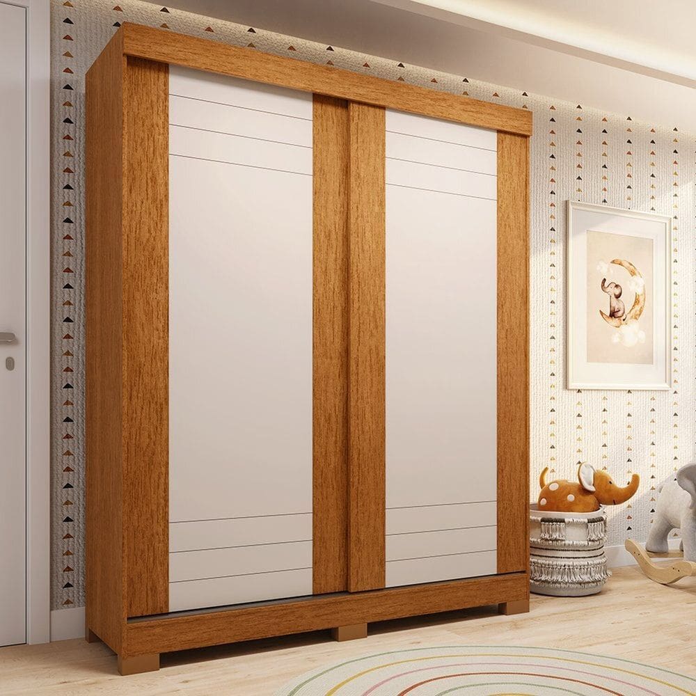 Guarda-roupa Infantil 2 Portas de Correr 140cm X 188cm 100% Mdf Lunara Espresso Móveis Cinamomo/Off White