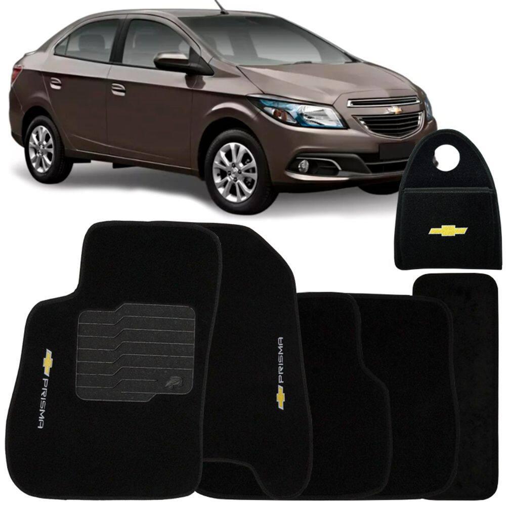 Jogo Tapete Automotivo Carpete + Lixeira Prisma 2013 à 2019 Soft Logo Bordado Preto 6 Peças