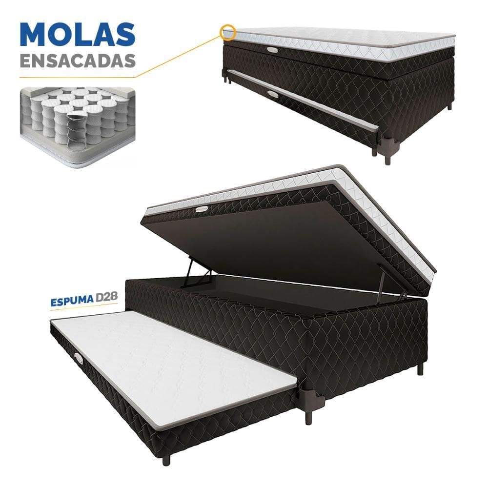 Cama Box Baú com Colchão de Molas Ensacadas acoplado e Auxiliar de Espuma Lyon Solteiro 88cm