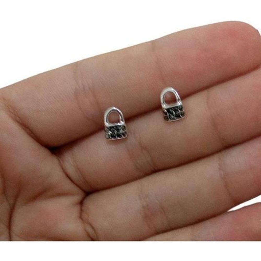 Brinco Pedra Hematita Cadeado Pequeno 2 3 Furo F Prata Preto