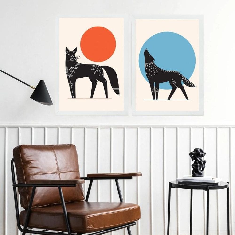 Kit 2 Quadros Decorativos Lobos Boho 45X34Cm