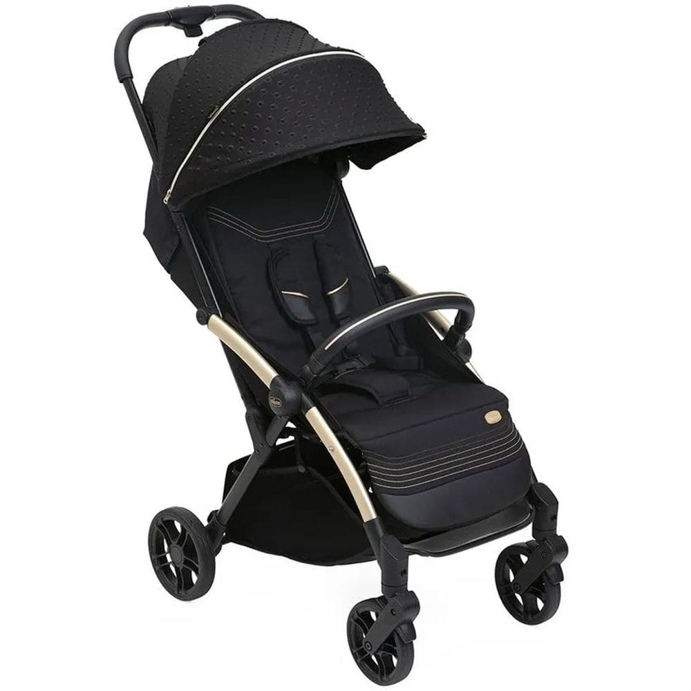 Carrinho de Bebê Chicco Goody XPlus One Touch Re Lux Fecha Com Uma Mão Portátil Reclinável 0-15 Kg Preto Dourado Capota UV50+ Amortecedor 4 Rodas