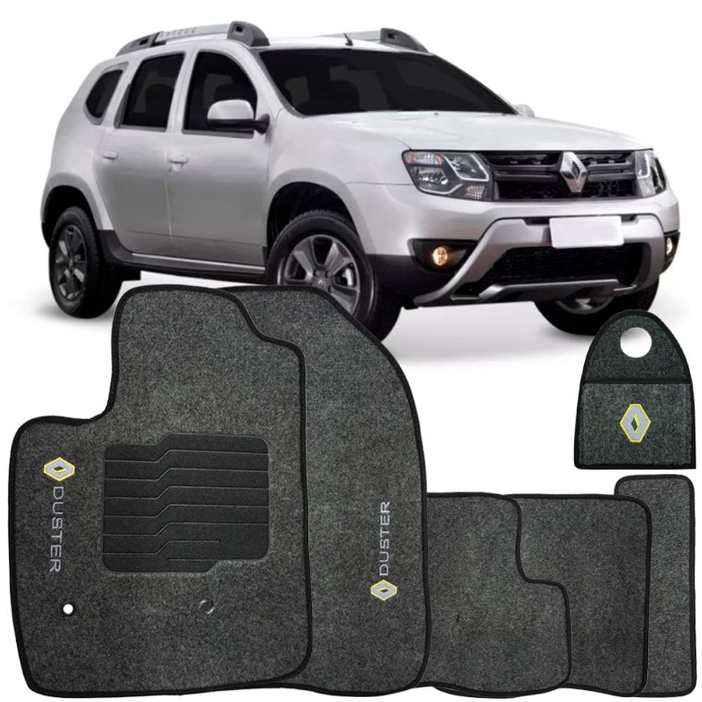 Jogo Tapete Automotivo Carpete + Lixeira Duster 2016 à 2019 Soft Logo Bordado Grafite 6 Peças
