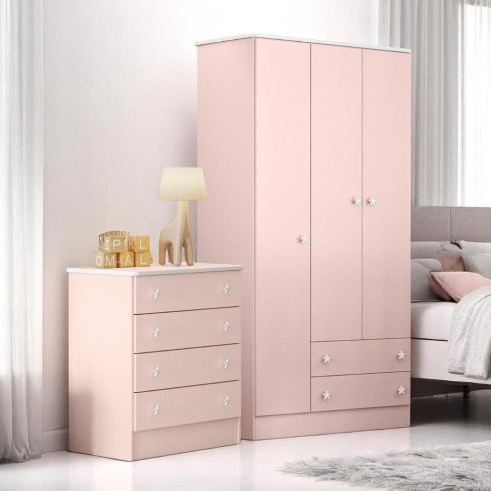 777 - Comoda 4 Gavetas Doce Sonho Rosa Acetinado (777.91) + 2617 - G. Roupa 3Pts/2Gv Doce Sonho Rosa Acetinado (2617.91)