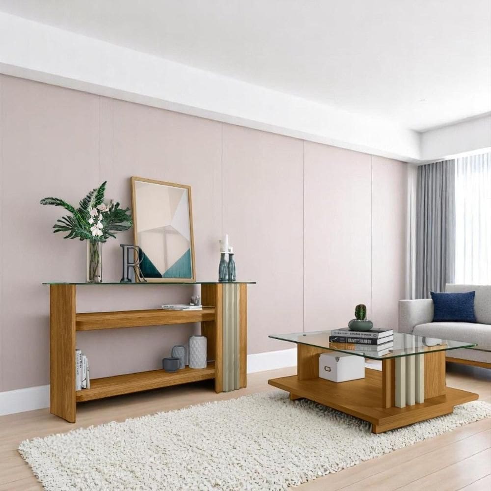 Conjunto Aparador Domo com Prateleira e Mesa de Centro c/ Nicho Cumaru/Opala
