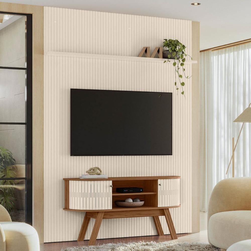 Conjunto New Estoril painel com prateleira aparador Rack  Naturale/Off-White
