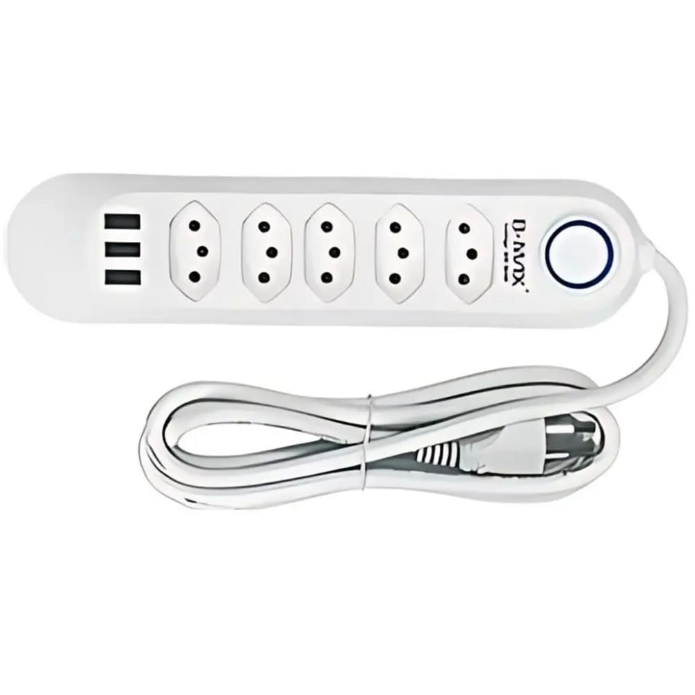 Extensao Regua 2M Filtro de Linha com 5 Tomada 3 USB Branca INMETRO