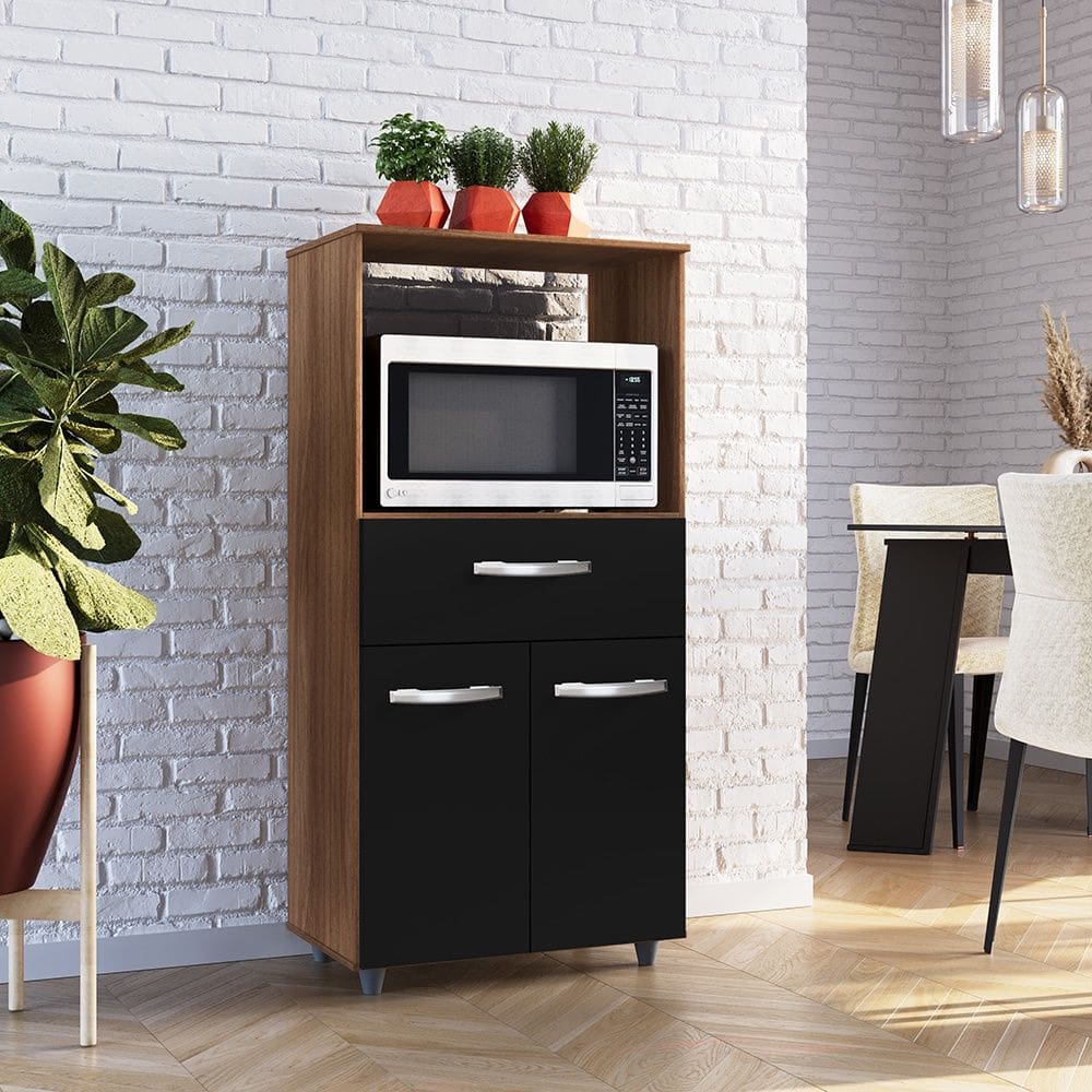 Armário Balcão Multiuso para Cozinha Micro-ondas e Forno Luna 02 Portas 01 Gaveta Savana Preto Moblis