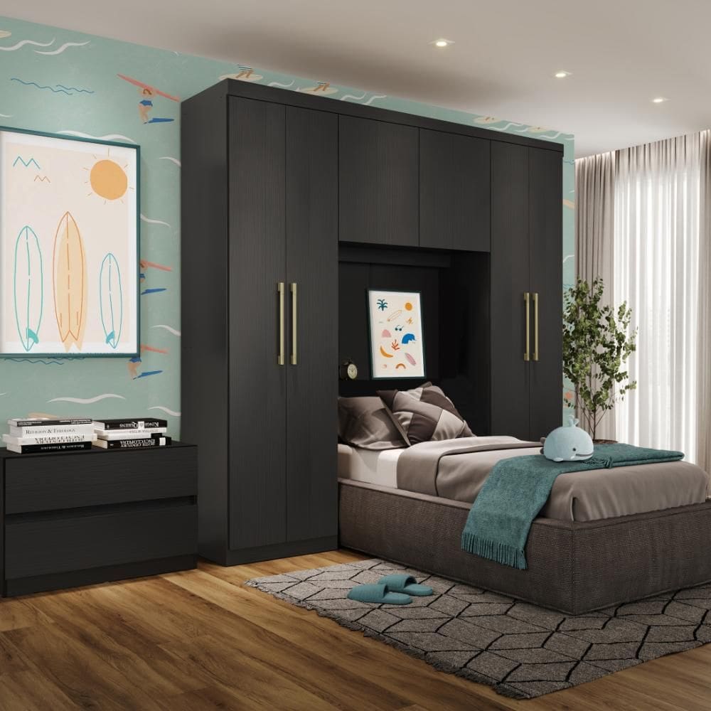 Guarda Roupa Infantil 6 Portas 2 Gavetas Porto Preto com Cabeceira