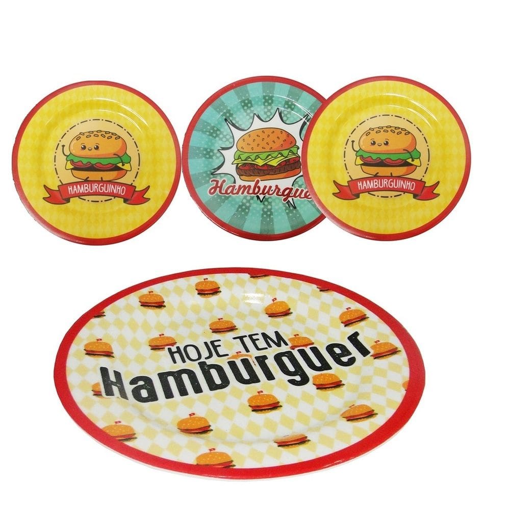 Conjunto 4 Pratos Raso Em Melamina Temático Hamburguer 20cm