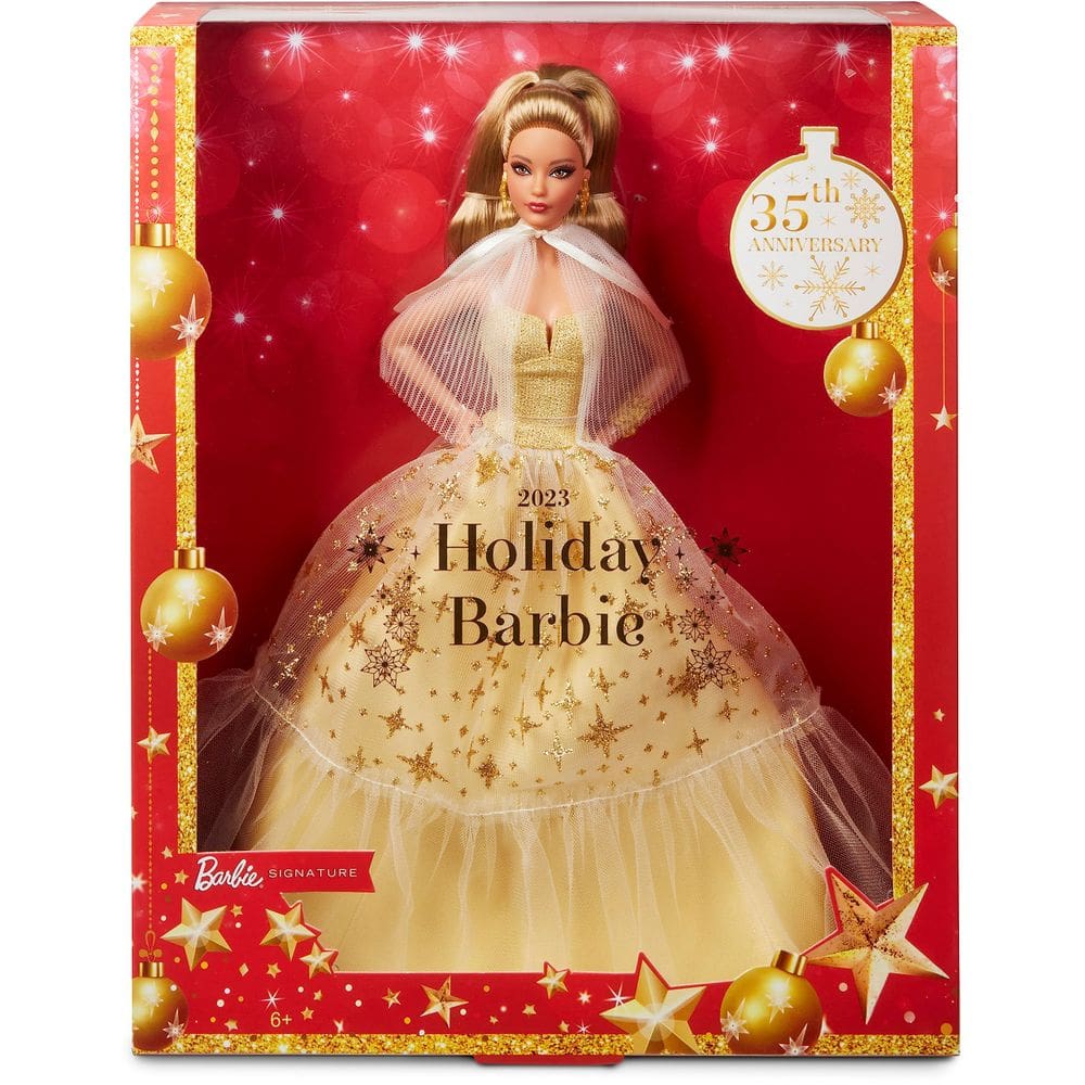 Boneca Barbie Signature 2023 Holiday com vestido dourado, 35º aniversário.