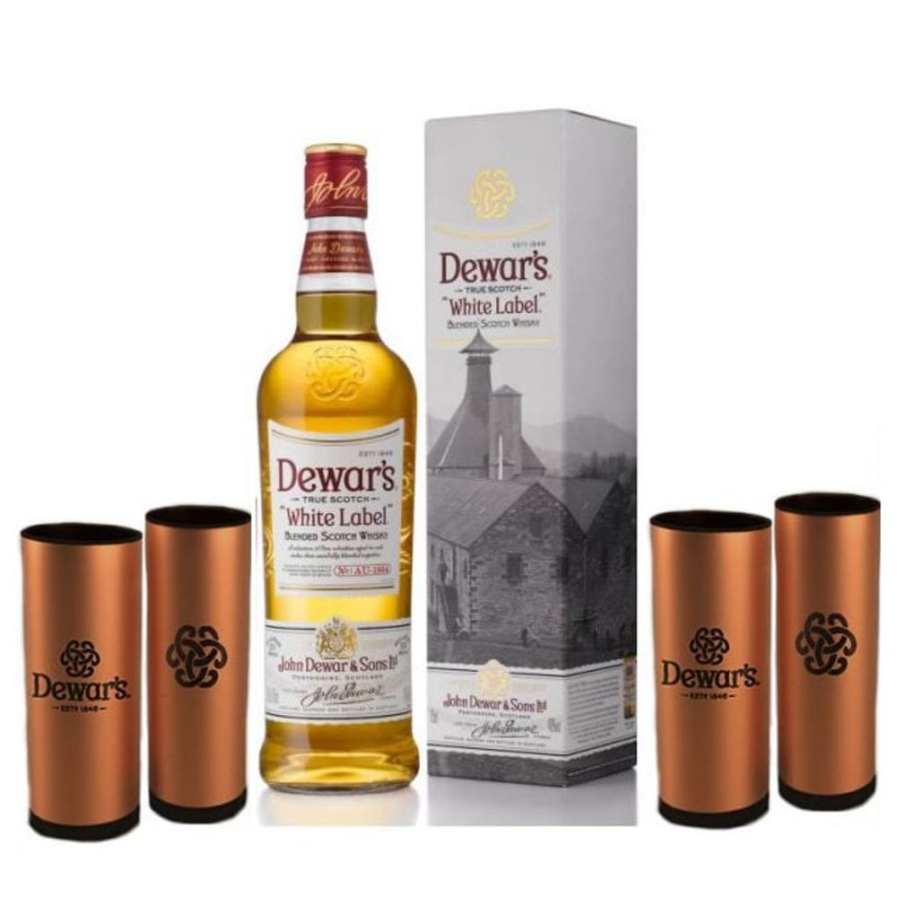 Kit 1Whisky Dewars White Label 750ml + 4 Copos personalizados