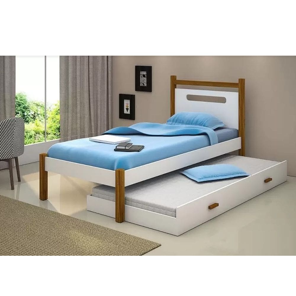 Cama Montessoriana Infantil Eloa Solteiro C/ Cama Auxiliar - Branco/amêndoa