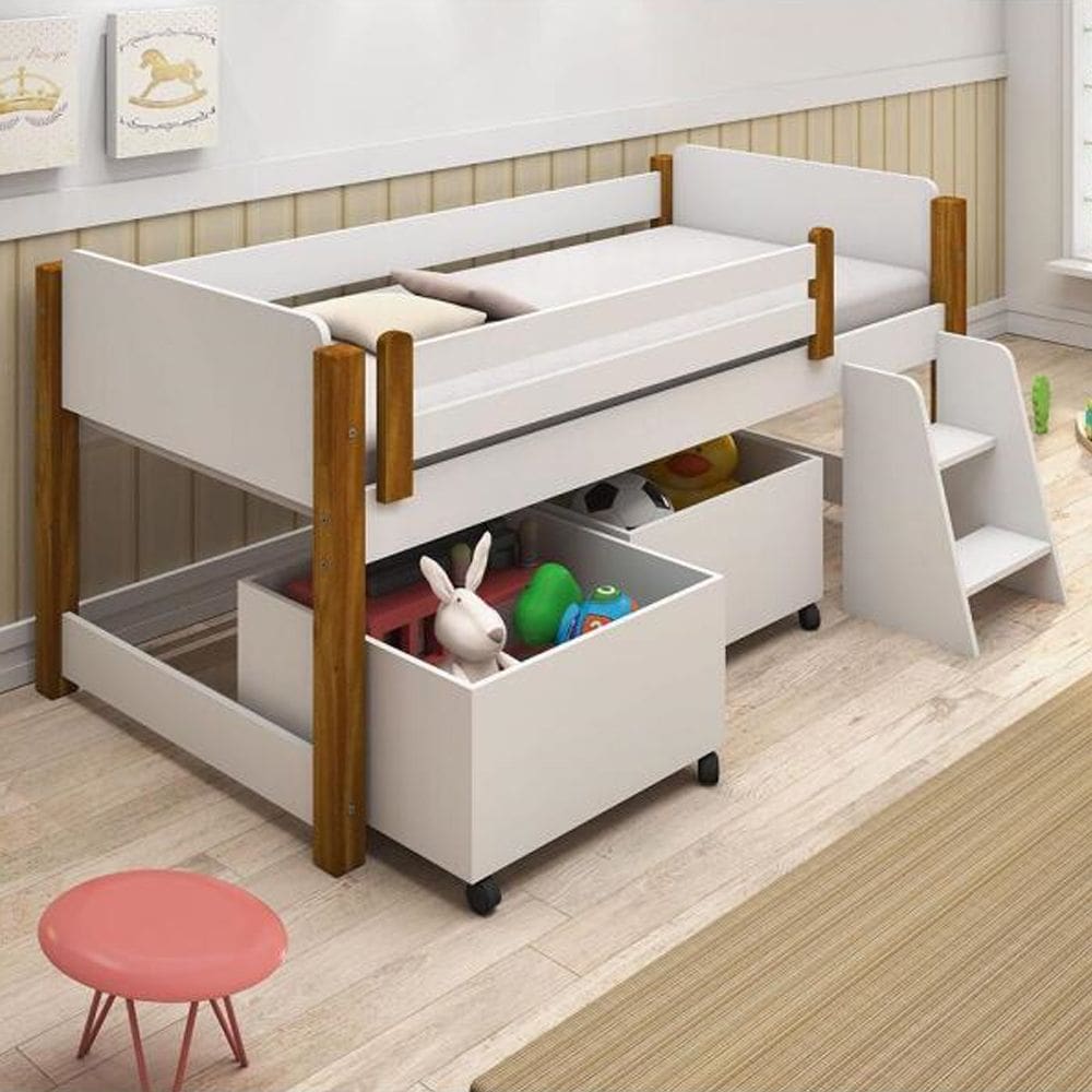 Cama Naty Design Infantil com Nichos Solteiro - Branco/amêndoa