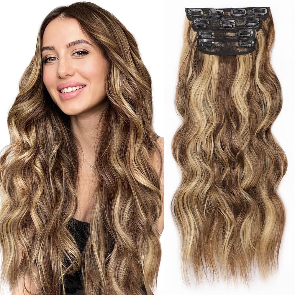 Clipe de extensão de cabelo ALXNAN em marrom chocolate longo e ondulado de 50 cm