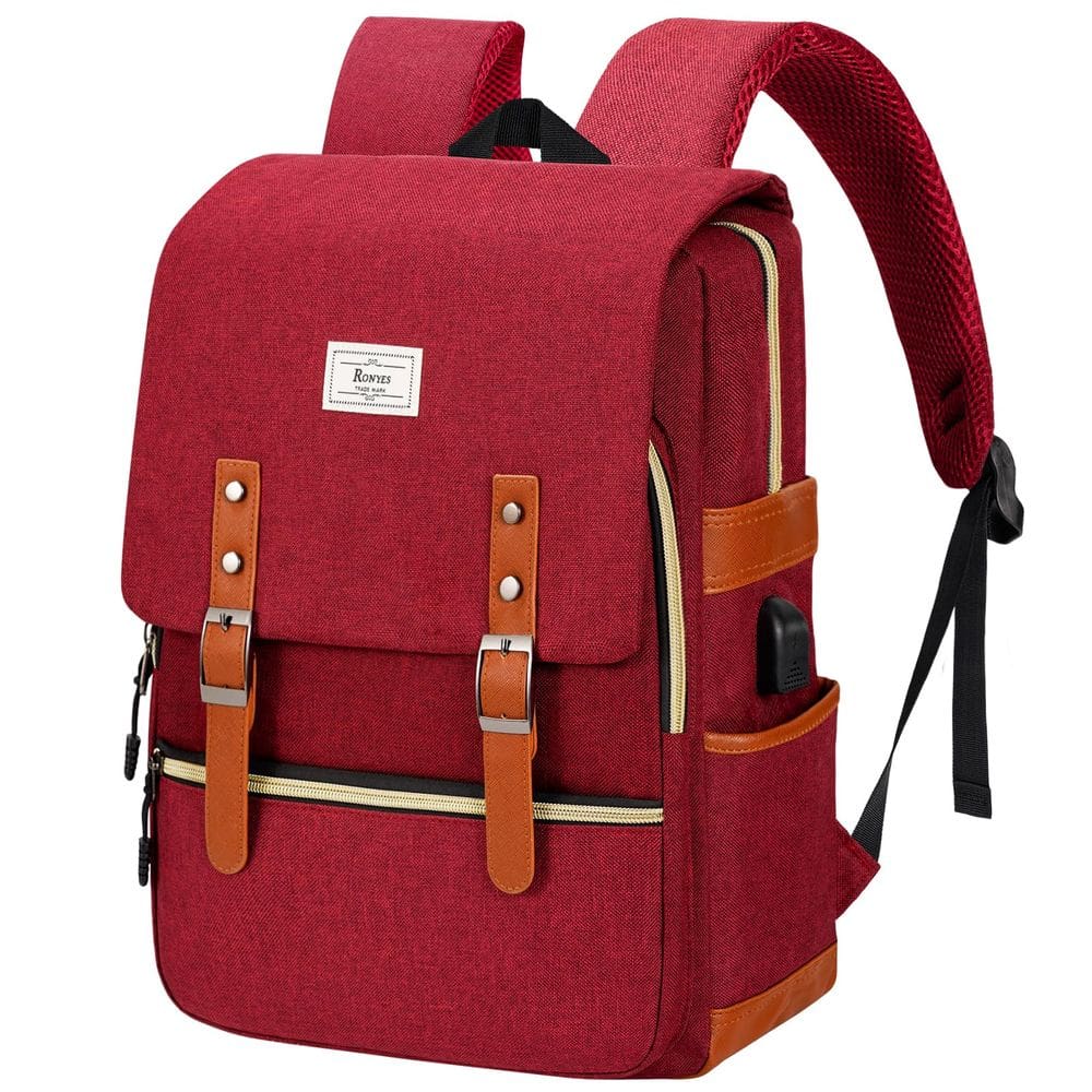 Mochila Ronyes Vintage Laptop 15,6&quot; com porta de carregamento USB vermelha