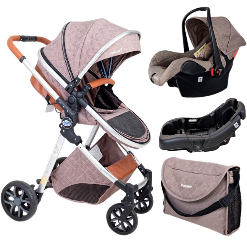 Carrinho Europeu Luxo Com Bolsa Ares Marrom + Bebe Conforto E Base - Passear Baby