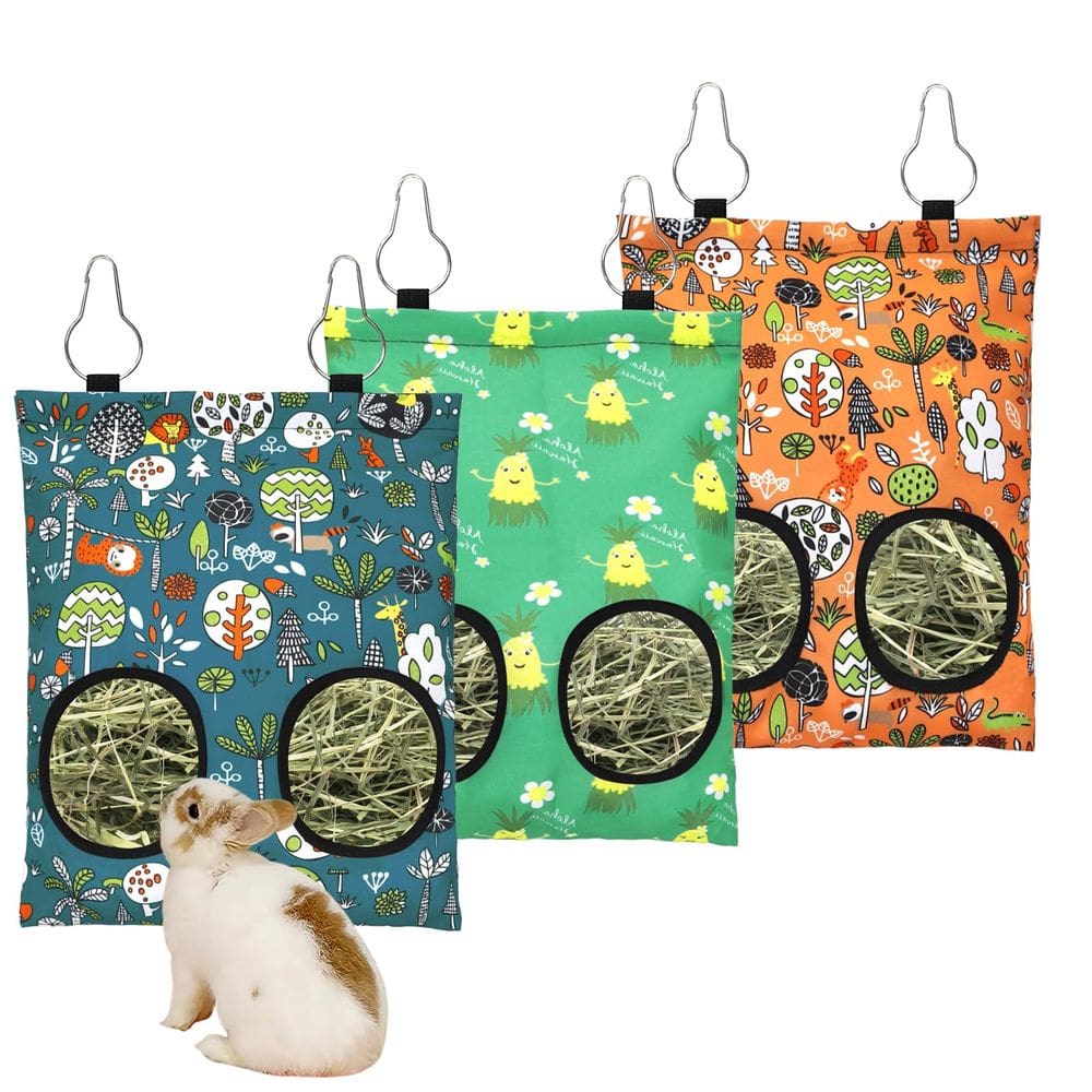 Bolsa alimentadora de feno Yedsintu Rabbit com 2 furos pendurada para animais de estimação pequenos