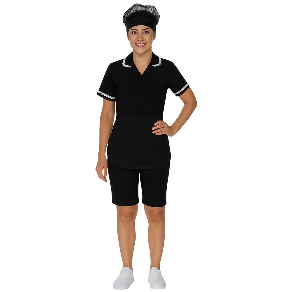 Conjunto copeira camisete + bermuda + avental e touca