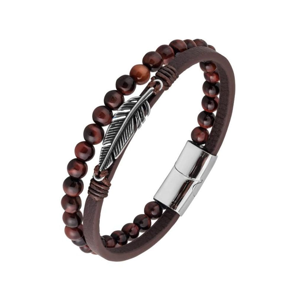 Pulseira de Aço Trend Couro Marrom Pedra Olho de Tigre 21cm