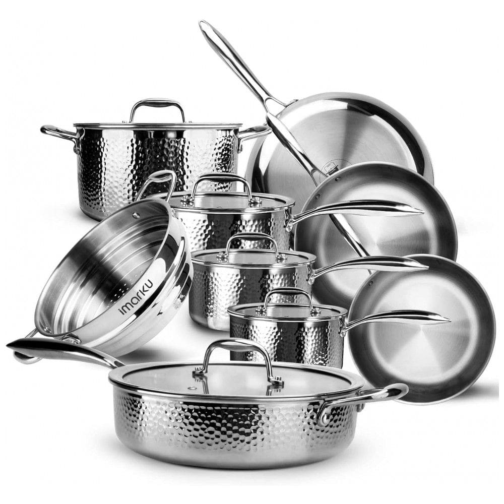 Jogo de Panelas e Frigideiras em Aço Inoxidável Triplo Revestido com Alça e Tampas Penduradas, 14 Peças, Imarku, Prata