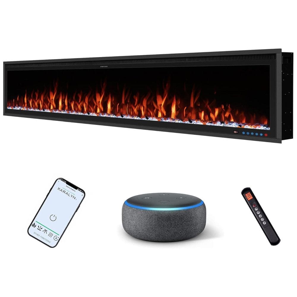 Lareira Elétrica de Embutir A42x223L cm com Controle Remoto por APP, Wi-Fi, Chamas 3D Realistas, Temporizador, Toras e Cristais, 110V