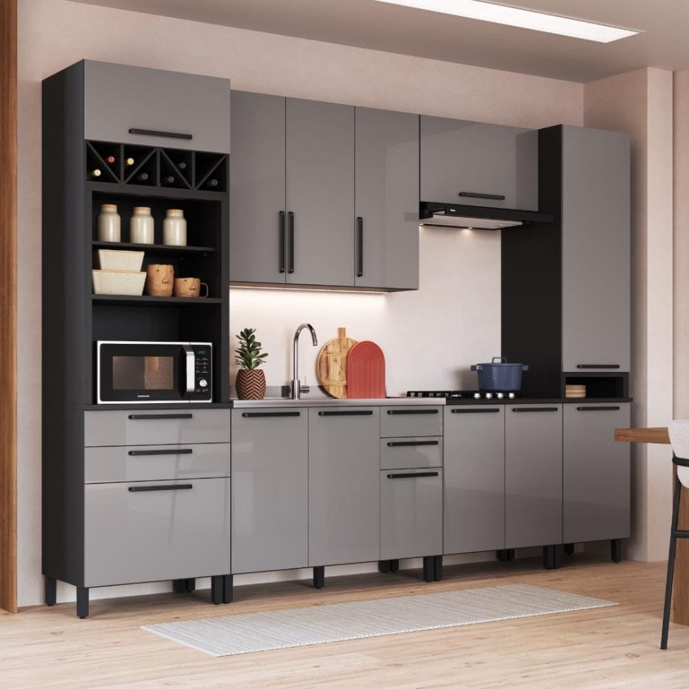 Cozinha Modulada Completa Fidelitá Mônaco 6 Peças 320cm 13 Portas 4 Gavetas Sem Tampo Cinza/Titânio