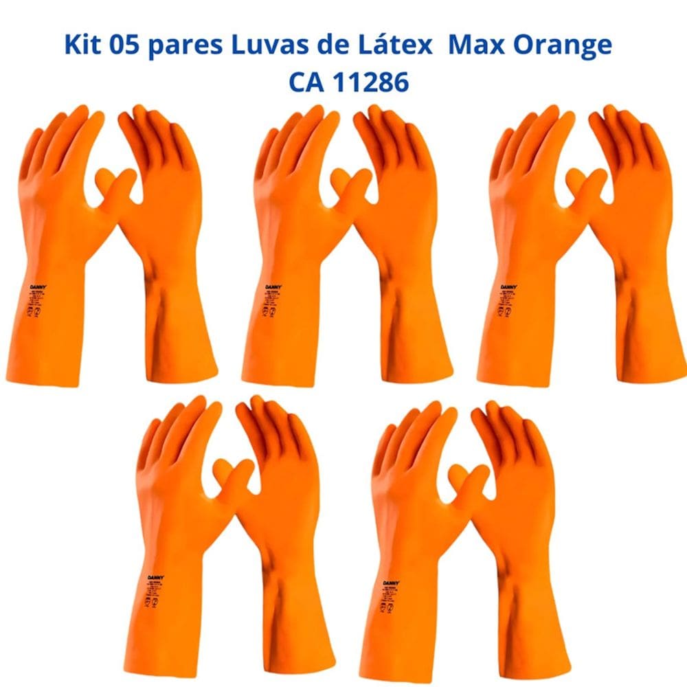 Kit 5 Luvas Látex Laranja Reforçada Forrada Max Orange DA208 Danny CA 11286