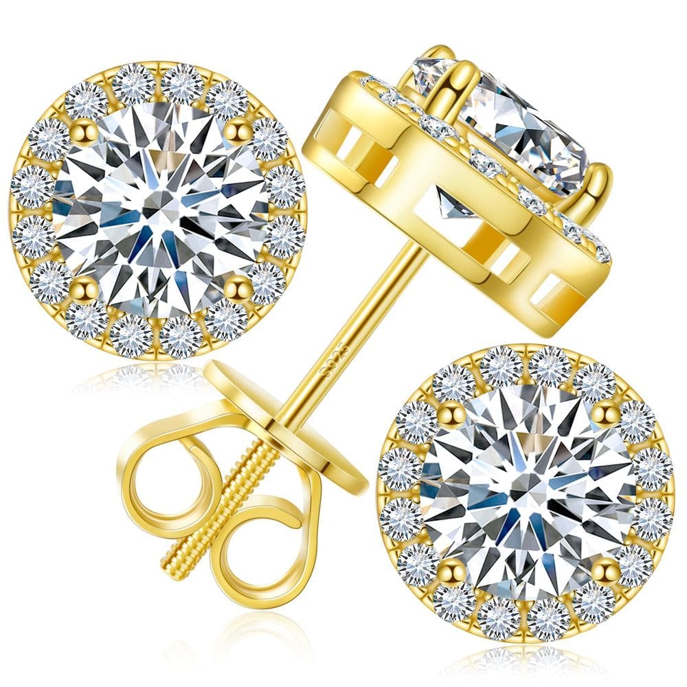 Brincos Gugots Moissanite Halo 0,8 quilates 4,5 mm banhados a ouro 18 quilates