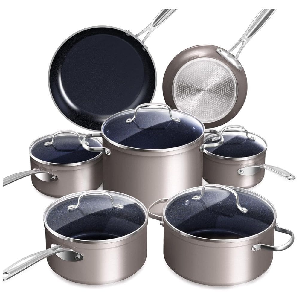 Conjunto de Panelas Antiaderente em Cerâmica 12 Peças com Infusão de Diamante, sem PTFE e PFOA, Seguro para Forno, Tampas de Vidro