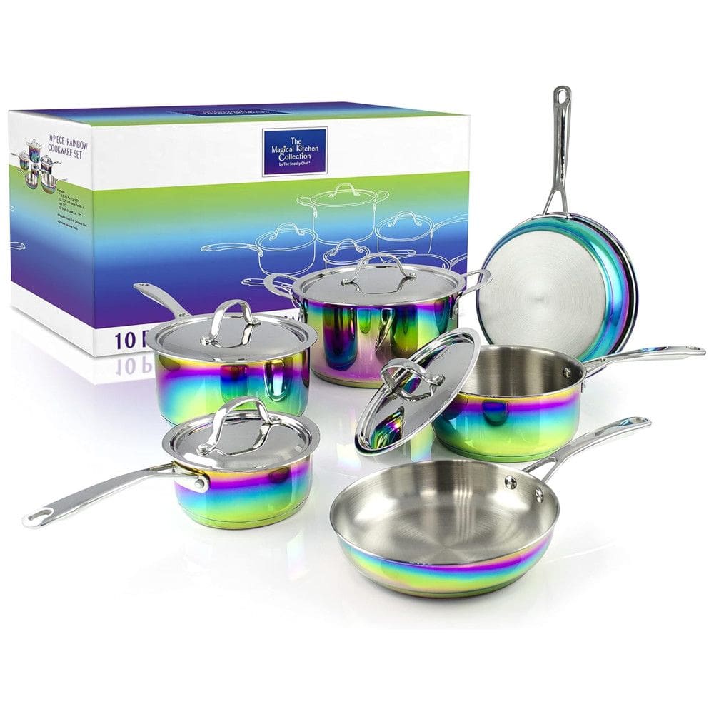 Magical Kitchen Conjunto de Panelas e Frigideiras de Aço Inoxidável e Titânio, 10 Peças, Arco Íris, THE SNEAKY CHEF, Azul