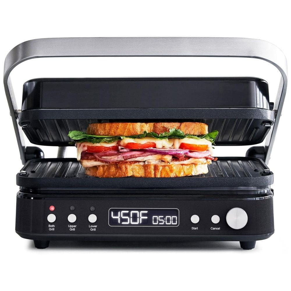 Grill Elétrico Multifuncional 6 em 1 Antiaderente de Cerâmica, Opções de Aquecimento Duplo e Prensa Fechada, 110V 1600W, GreenPan, Preto