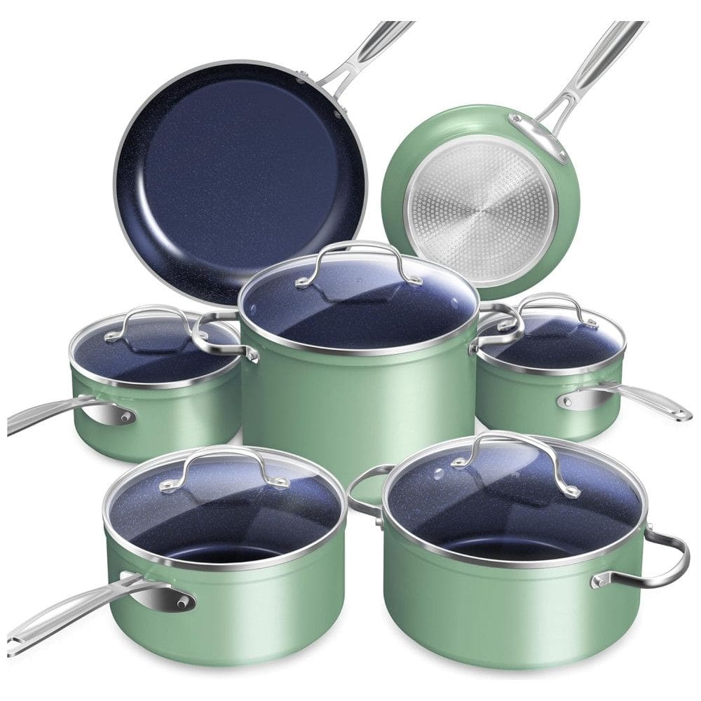 Conjunto de Panelas Antiaderente em Cerâmica 12 Peças com Infusão de Diamante, sem PTFE e PFOA, Seguro para Forno, Tampas de Vidro