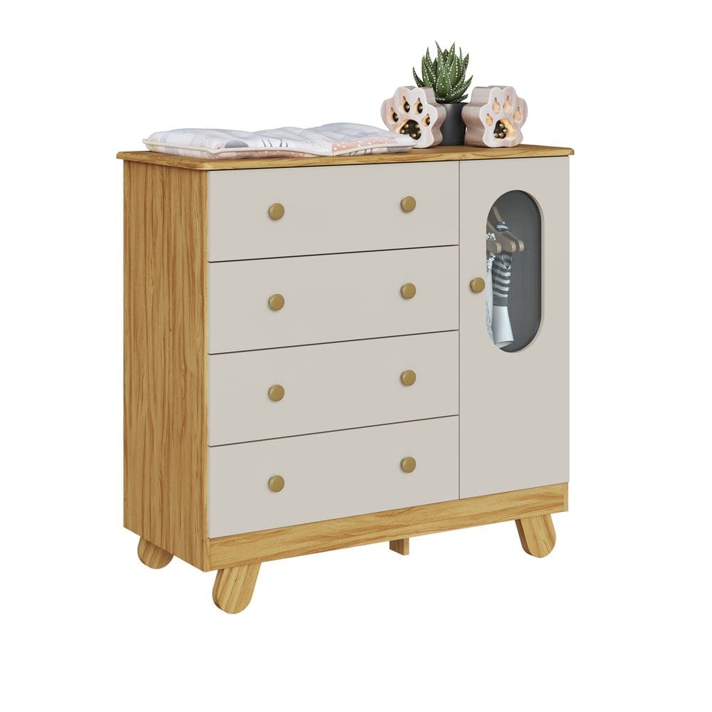 Cômoda Trocador Bebê Pingo 4 Gavetas Lisa Off Com Amêndoa