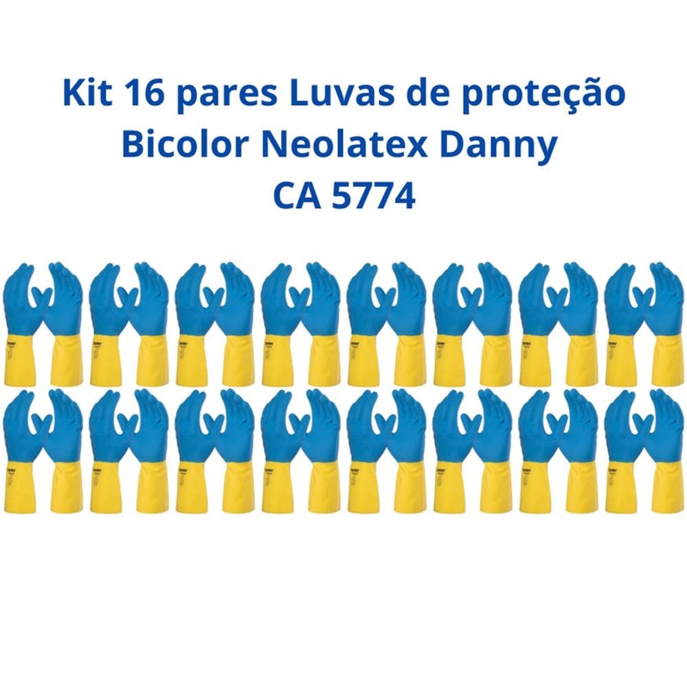 Kit 16 Luvas Proteção Bicolor Neolatex Danny CA 5774