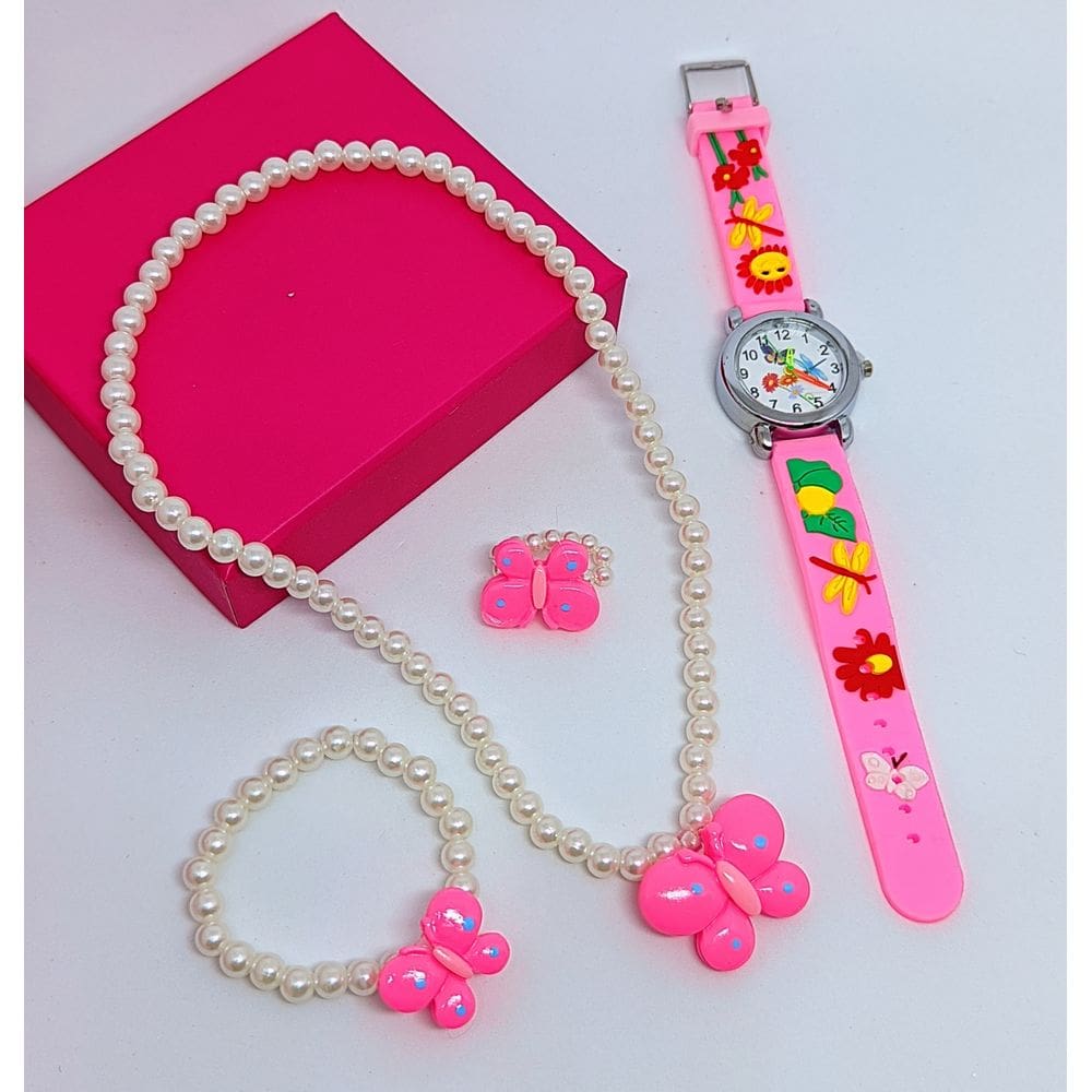 Kit Relógio Infantil Analógico Redondo quartzo Silicone Desenho animados 3D + Conjunto Colar Pulseira Anel Miçangas